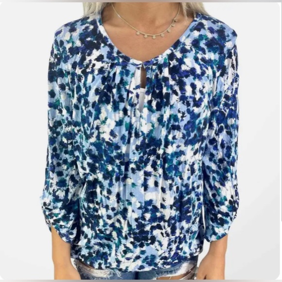 Daisy Fuentes women's top blue print scoop neck hook&eye 3/4 sleeves Sz Large🌸 - Picture 1 of 9